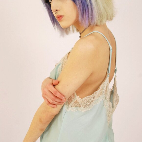 Y2K Mint Slip Dress (L) large vintage blue mini sleepwear lingerie sexy nightie - Picture 6 of 8